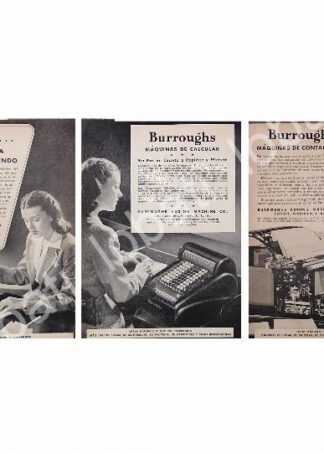 CARTEL ANTIGUO ORIGINAL DE SET DE 3 AFICHES SUMADORAS Y REGISTRADORAS BURROUGHS AÑOS 40s-50s /248