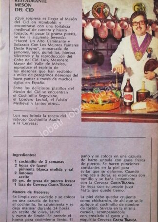 CARTEL ANTIGUO ORIGINAL DE CERVEZA CARTA BLANCA Y RESTAURANT MESON DEL CID 1970s /167