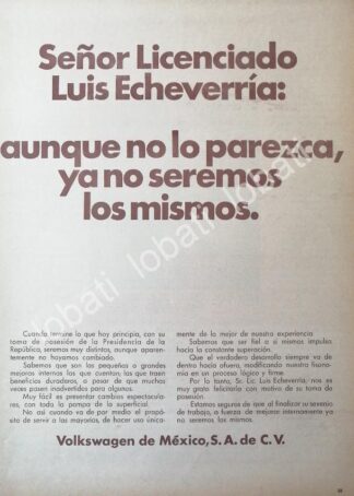CARTEL ANTIGUO ORIGINAL DE CARTA DE VOLKSWAGEN A LUIS ECHEVERRIA DIC. 1970 /646