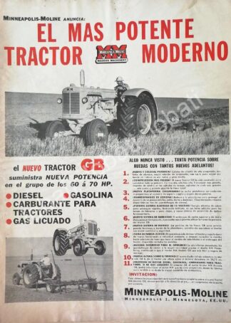 CARTEL ANTIGUO ORIGINAL DE TRACTORES MINNEAPOLIS MOLINE GB 1957/ 762 RARO