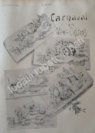 CARTEL ANTIGUO ORIGINAL DE NOTA Y GRABADO ANTIGUO 1895 EL CARNAVAL DE NEW ORLEANS