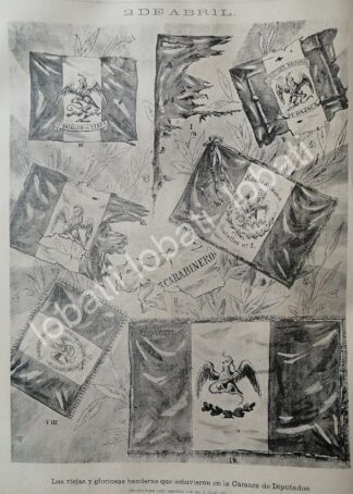 GRABADO ANTIGUO 1895 TODAS LAS BANDERAS MEXICANAS HASTA ESE AÑO
