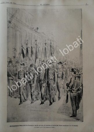 GRABADO ANTIGUO 1895 PORFIRIO DIAZ, MARIANO ESCOBEDO Y MAS EN DESFILE / MLT