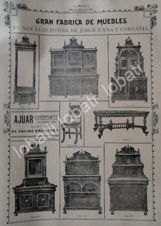 CARTEL ANTIGUO ORIGINAL DE FABRICA DE MUEBLES MUEBLES JORGE UNNA 1895 Y LOTERIA NACIONAL