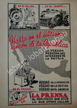 CARTEL ANTIGUO ORIGINAL DE PUBLICIDAD DEL DIARIO LA PRENSA 1943 /72
