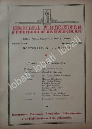 CARTEL ANTIGUO ORIGINAL DE BANCO CENTRAL FINANCIERA Y FIDUCIARIA MONTERREY 1943 /220