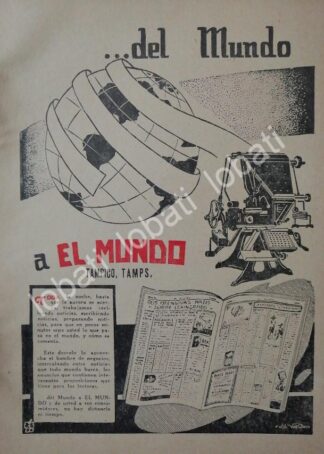 CARTEL ANTIGUO ORIGINAL DE AFICHE DEL DIARIO EL MUNDO, TAMPICO, TMPS 1943 /70