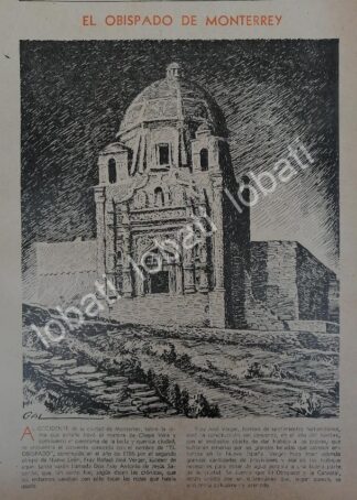 GRABADO ANTIGUO 1943 EL OBISPADO MONTERREY, DIBUJO DE LEONEL GARCIA