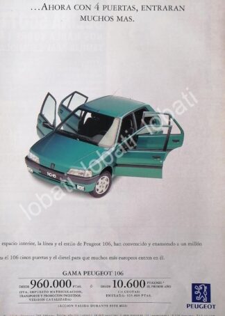 CARTEL ANTIGUO ORIGINAL DE PUBLICIDAD RETRO DE AUTOS PEUGEOT 106 1993 / 875