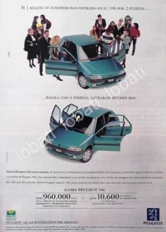 CARTEL ANTIGUO ORIGINAL DE PUBLICIDAD RETRO DE AUTOS PEUGEOT 106 1993 / 873