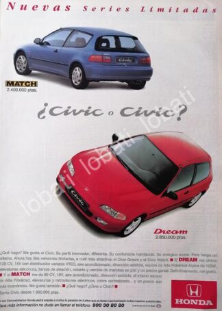 CARTEL ANTIGUO ORIGINAL DE PUBLICIDAD RETRO DE AUTOS HONDA CIVIC 1991 / 869
