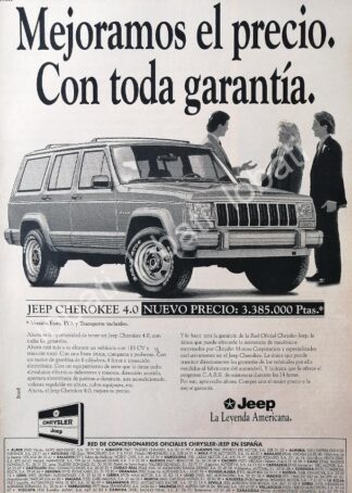 CARTEL ANTIGUO ORIGINAL DE AFICHE DE AUTOS JEEP CHEROKEE 1992 / 853