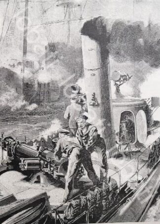 GRABADO ANTIGUO 1898 GUERRA NAVAL, DISPARANDO UN TORPEDO. MLT