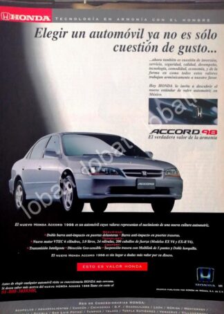 CARTEL ANTIGUO ORIGINAL DE AUTOS HONDA ACCORD 1998 /983