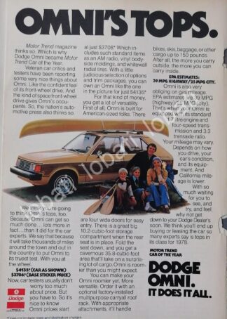 CARTEL ANTIGUO ORIGINAL DE AUTOS DODGE OMNI 1978 /953