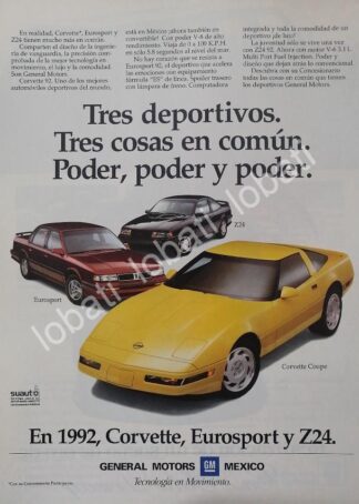 CARTEL ANTIGUO ORIGINAL DE AUTOS CHEVROLET CORVETTE Y OTROS 1992 /925