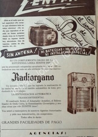 CARTEL ANTIGUO ORIGINAL DE RADIOS RADIORGANO ZENITH 1939 /398 RARO
