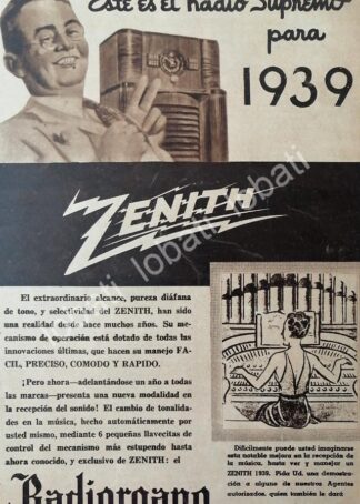 CARTEL ANTIGUO ORIGINAL DE PUBLICIDAD ANTIGUA RADIOS ZENITH 1939 /393