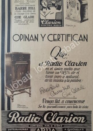 CARTEL ANTIGUO ORIGINAL DE RADIOS CLARION 1932 /382 SUPER RARO 10++