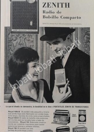 CARTEL ANTIGUO ORIGINAL DE RADIOS DE BOLSILLO ZENITH ZENETTE ROYAL 100 1960 /373