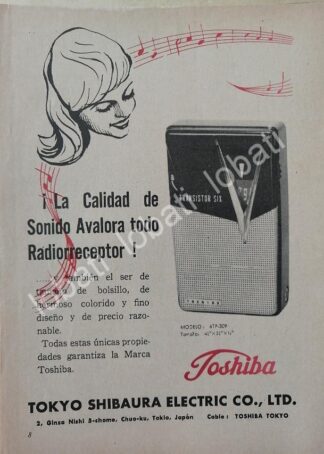CARTEL ANTIGUO ORIGINAL DE MINI CARTEL RADIOS DE BOLSILLO TOSHIBA 6TP-309 1960s / 295