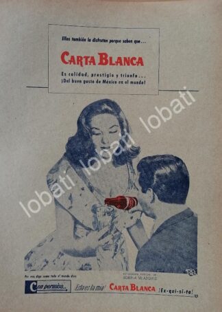 CARTEL ANTIGUO ORIGINAL DE CERVEZA CARTA BLANCA Y LORENA VELAZQUEZ 1960 /228. CERVECERIA CUAUHTEMOC FEP