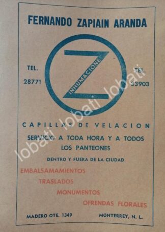 CARTEL ANTIGUO ORIGINAL DE INHUMACIONES, FUNERALES ZAPIAIN 1965 /753