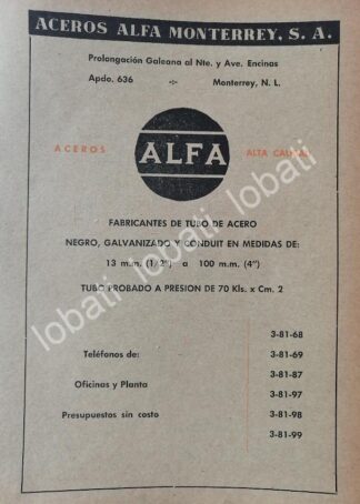 CARTEL ANTIGUO ORIGINAL DE ACEROS ALFA MONTERREY S.A 1957 /750