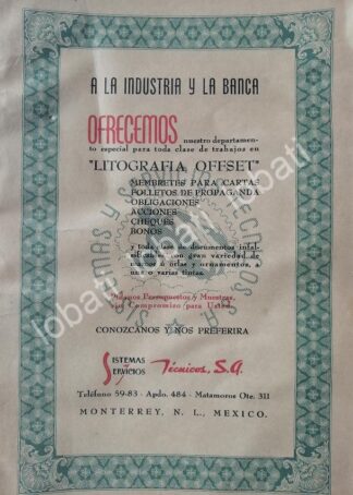 CARTEL ANTIGUO ORIGINAL DE SISTEMAS Y SERVICIOS TECNICOS S.A 1947 /737 MONTERREY