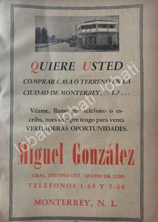CARTEL ANTIGUO ORIGINAL DE TERRENOS Y BIENES RAICES MIGUEL GONZALEZ 1947 MONTERREY /736