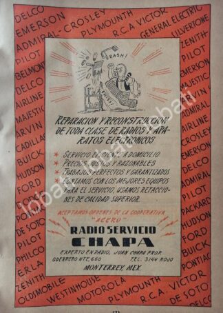CARTEL ANTIGUO ORIGINAL DE TALLER DE REPARACION RADIO SERVICIO CHAPA 1947 /735 DE JUAN CHAPA
