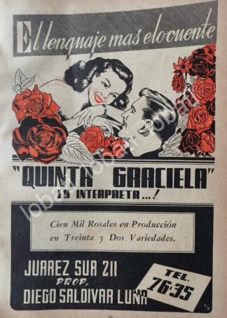 CARTEL ANTIGUO ORIGINAL DE FLORERIA QUINTA GRACIELA 1947 MONTERREY. /734