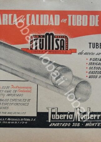 CARTEL ANTIGUO ORIGINAL DE FABRICA DE TUBOS. TUMSA 1947. /732 ( TUBERIA MONTERREY S.A )