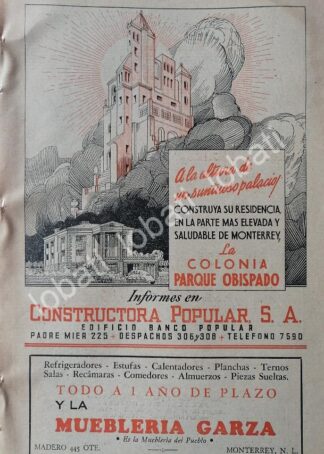 CARTEL ANTIGUO ORIGINAL DE INICIOS DE LA COLONIA PARQUE OBISPADO MONTERREY 1947. /730