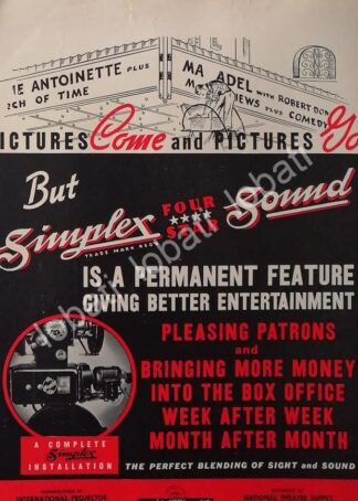 CARTEL ANTIGUO ORIGINAL DE PROYECTOR DE CINE SIMPLEX SOUND PARA TEATROS 1939 /527 MUY RARO