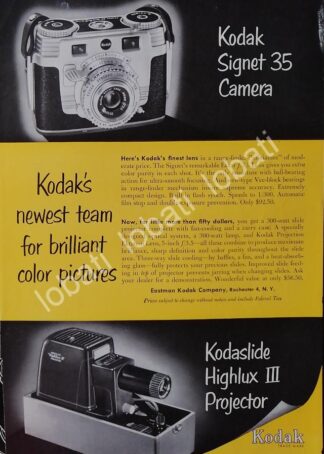 CARTEL ANTIGUO ORIGINAL DE CAMARAS KODAK SIGNET 35 & PROYECTOR HIGHLUX 1950s /479