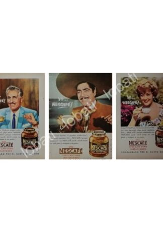 CARTEL ANTIGUO ORIGINAL DE PUBLICIDAD RETRO NESCAFE Y ARTISTAS DEL CINE DE ORO 1950s