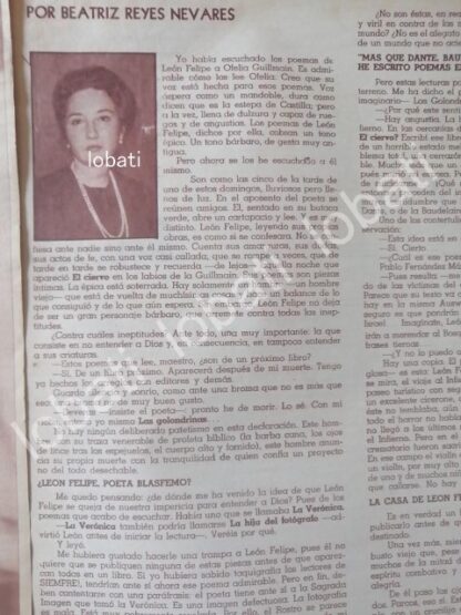 CARTEL ANTIGUO ORIGINAL DE ENTREVISTA A LEON FELIPE. /BEATRIZ REYES VEVARES 1965 - Image 2