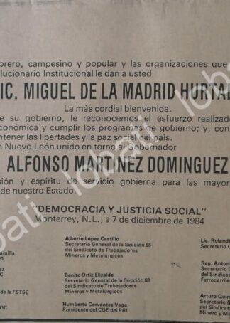 CARTEL ANTIGUO ORIGINAL DE MONTERREY DA BIENVENIDA MIGUEL DE LA MADRID 84
