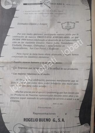 CARTEL ANTIGUO ORIGINAL DE 30 ANIVERSARIO DE ROGELIO BUENO S.A 1984