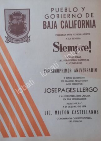 CARTEL ANTIGUO ORIGINAL DE B. CALIFORNIA FELICITA A JOSE PAGES LLERGO 74