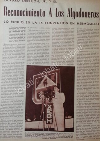 CARTEL ANTIGUO ORIGINAL DE ALVARO OBREGON JR. Y ALGODONEROS DE SONORA 1956