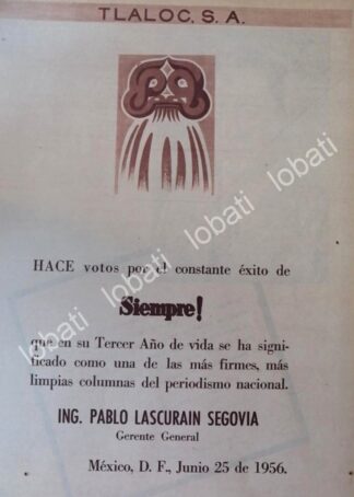 CARTEL ANTIGUO ORIGINAL DE . PABLO LASCURAIN SEGOBIA 1956