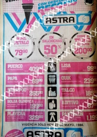 CARTEL ANTIGUO ORIGINAL DE . TIENDAS ASTRA 1984 MONTERREY