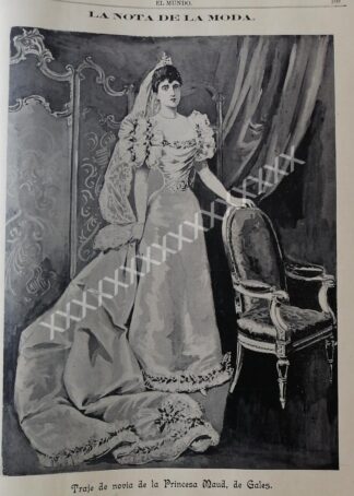 GRABADO ANTIGUO. 1896 VESTIDO DE NOVIA, PRINCESA DE GALES