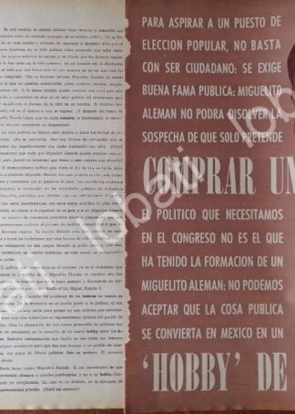 AFICHE RETRO. CRITICA A MIGUEL ALEMAN VELASCO 1961 /PLT