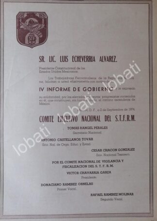 AFICHE POLITICO RETRO. SINDICATO FERROCARRILERO A ECHEVERRIA 1974