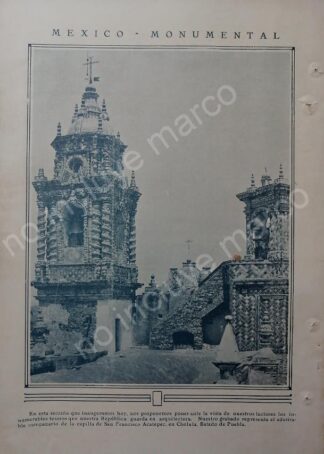 AFICHE ANTIGUO 1920 TEMPLO SAN FRANCISCO ACATEPEC, PUEBLA