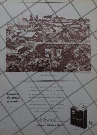CARTEL ANTIGUO CIGARROS BELMONT. DIBUJO. ALBERTO BELTRAN, PUENTE DE HUATUSQUITO. VER