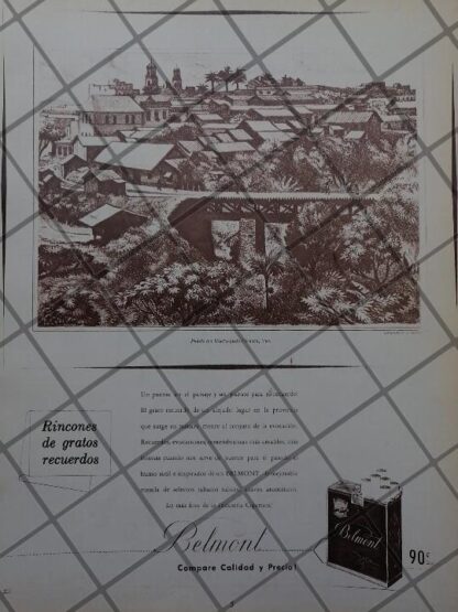 CARTEL ANTIGUO CIGARROS BELMONT. DIBUJO. ALBERTO BELTRAN, PUENTE DE HUATUSQUITO. VER